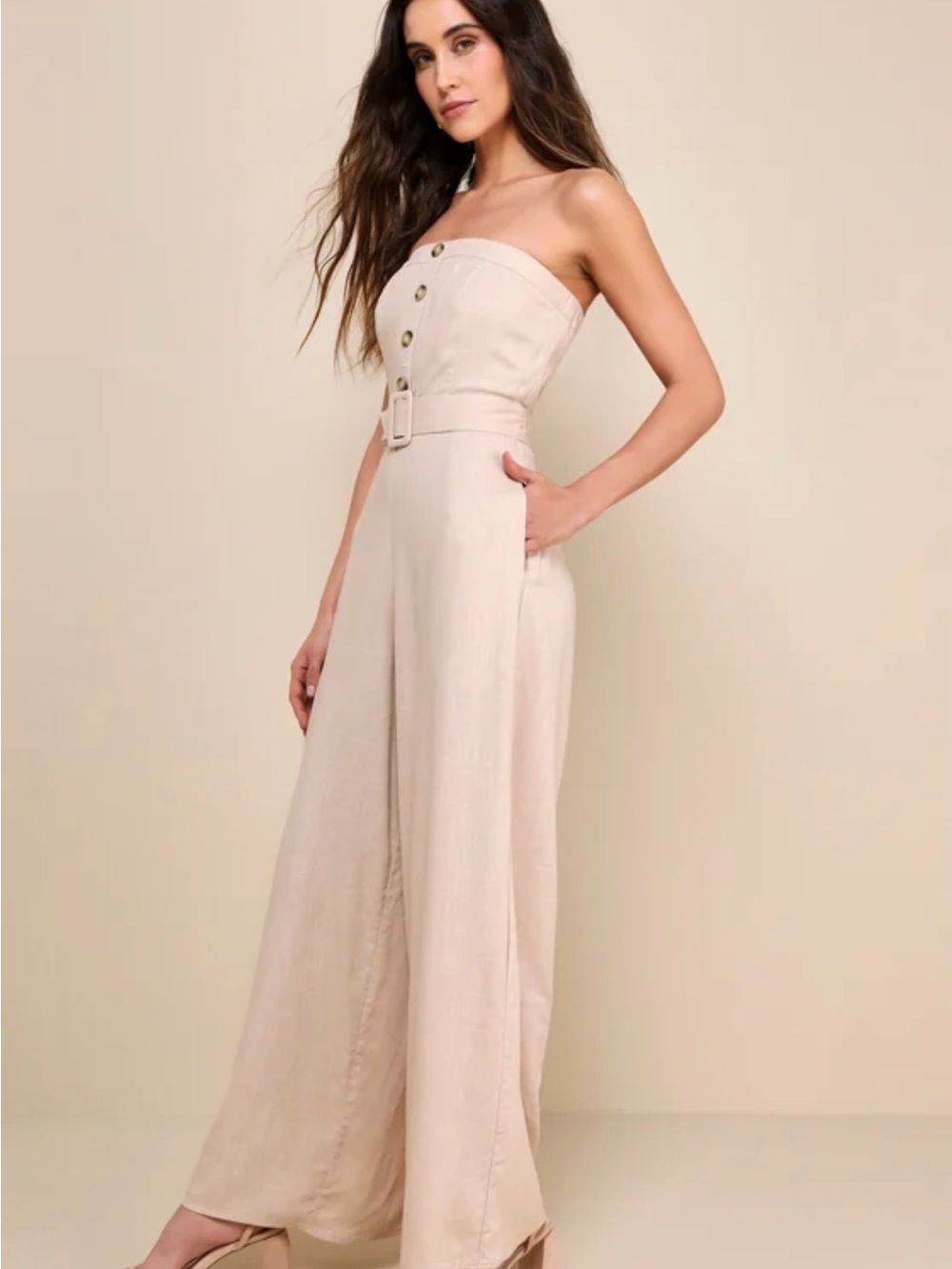Lulu's Beige Strapless Wide-Leg Jumpsuit with Belt